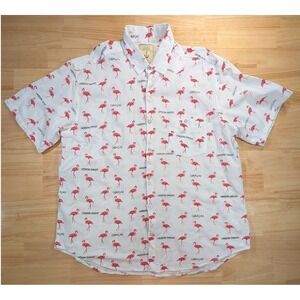 White Sands Mens 2XL Flamingo Print Cotton Short Sleeve Button Down Shirt White